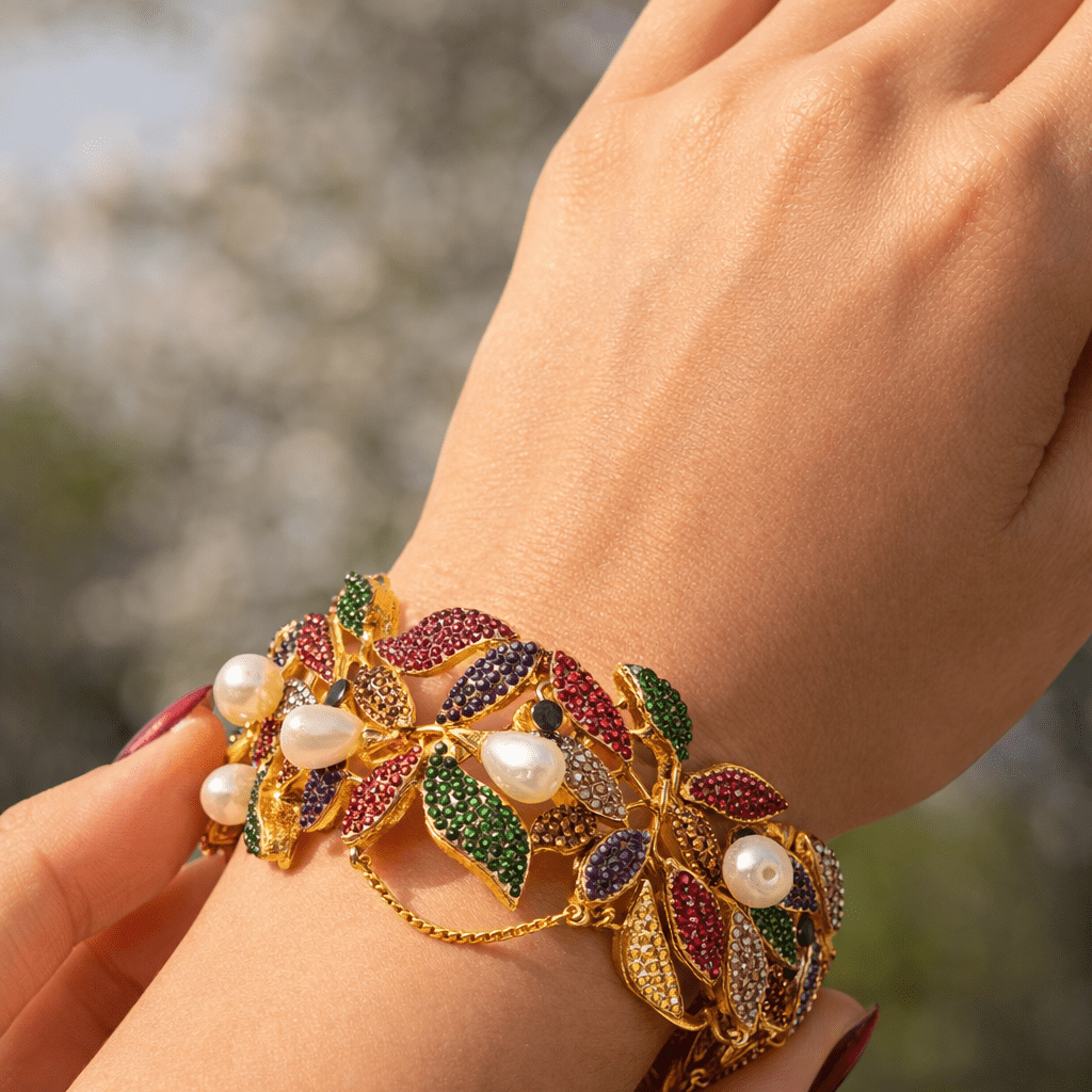 Floral Vine Openable Cuff Bangle – 22K Gold Plated | Pearl & Multicolour Stone - Riwaaj