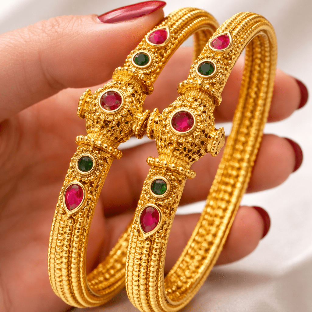 Rajwadi Heritage Openable Kara Pair – Gold Plated | Ruby & Emerald Stone - Riwaaj
