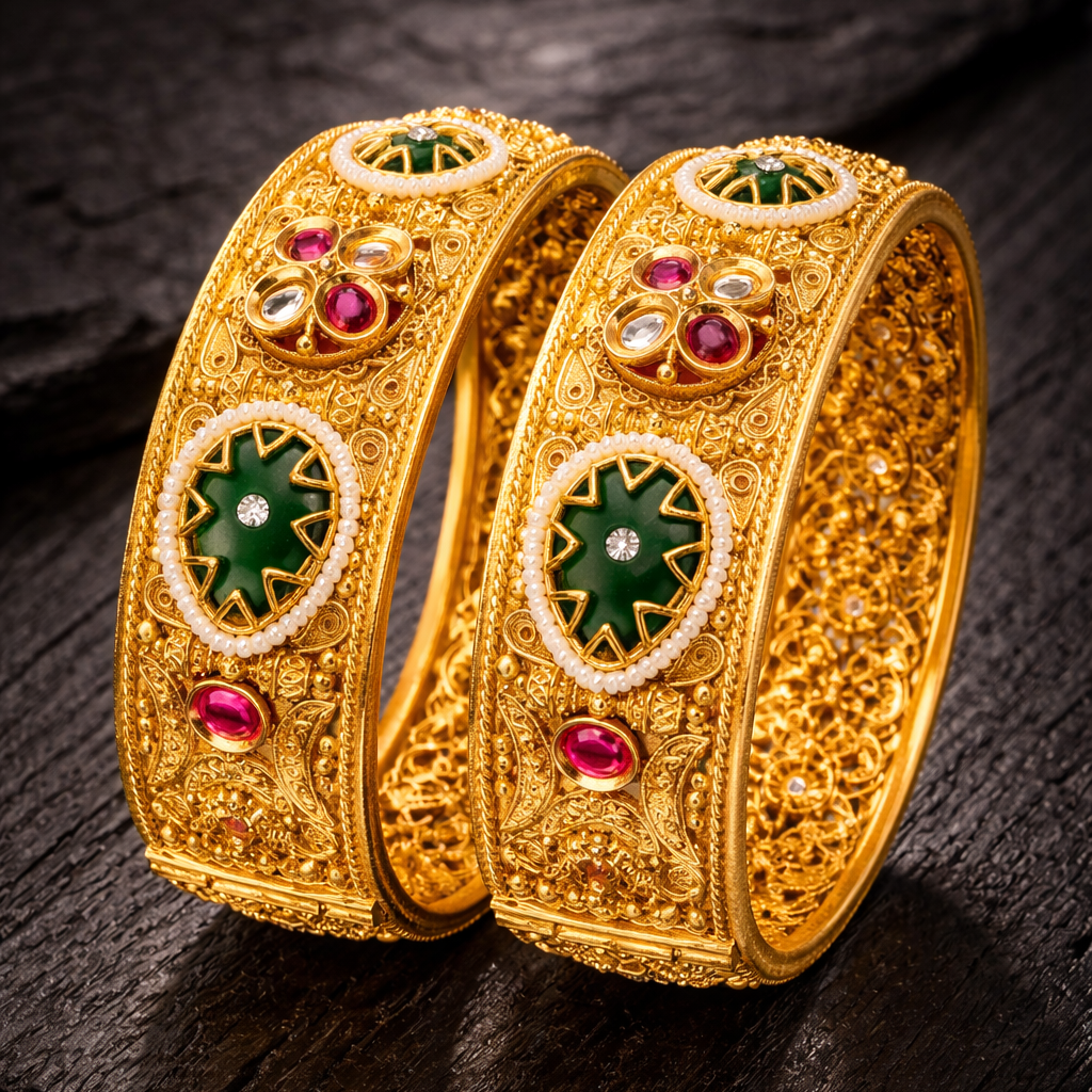Royal Gemstone Openable Kara Pair – Gold Plated | Pearl & Stone