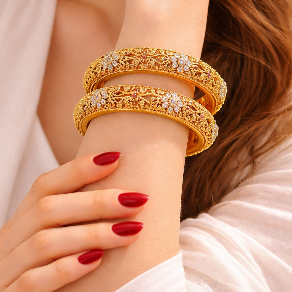 Floral Heritage Bangle Pair – 22K Gold Plated | Handcrafted Stone Carving