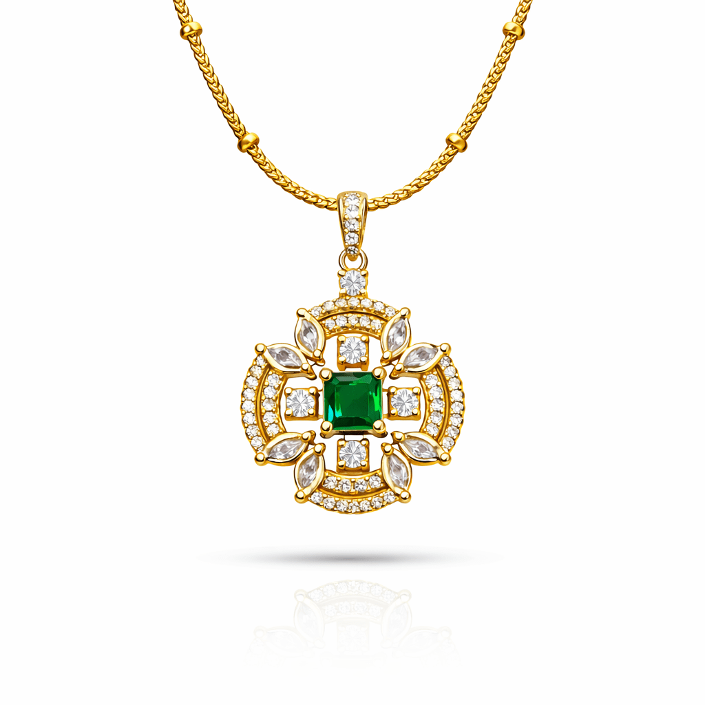 Royal Crown Halo Pendant - 22k Gold Plated with CZ Stones & Chain - Riwaaj