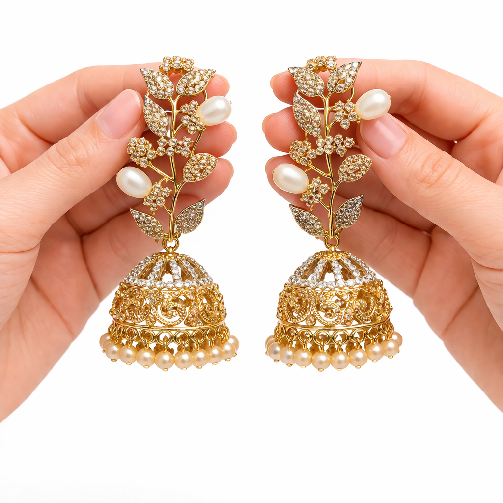 22K Gold Zirconia Statement Stud Earrings | Handmade Ethnic Bridal Jewellery