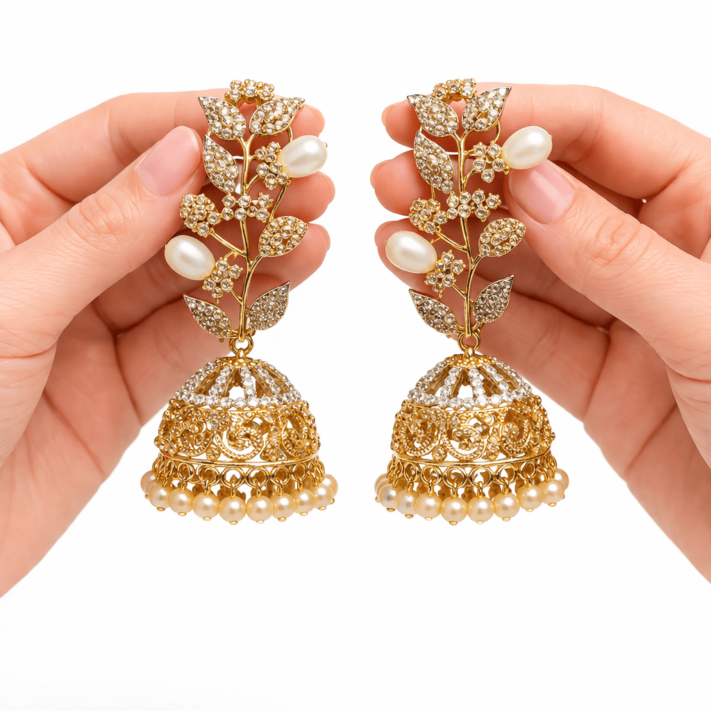 22K Gold Zirconia Statement Stud Earrings | Handmade Ethnic Bridal Jewellery - Riwaaj