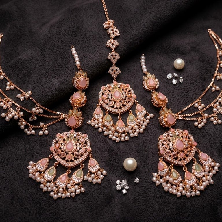 22K Gold Handmade Maang Tikka & Earring Set | Ethnic Jewellery - Riwaaj