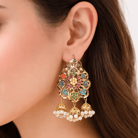 Multi Navratan Jhumka Earrings - Gold Plated with Ruby & Emerald - Riwaaj