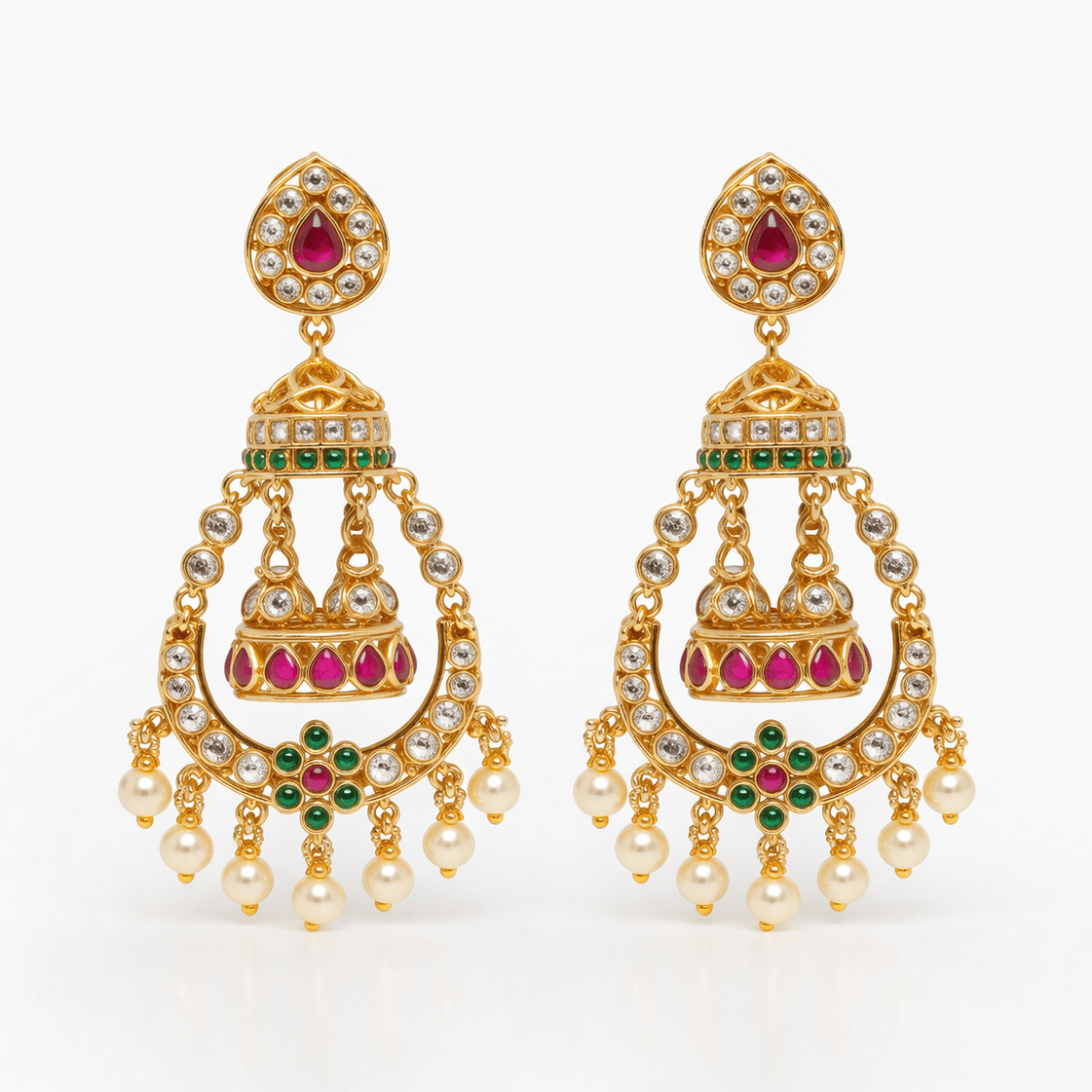 Zara Bridal Jhumka Earrings – Antique Gold Kundan with Pearl Drops - Riwaaj