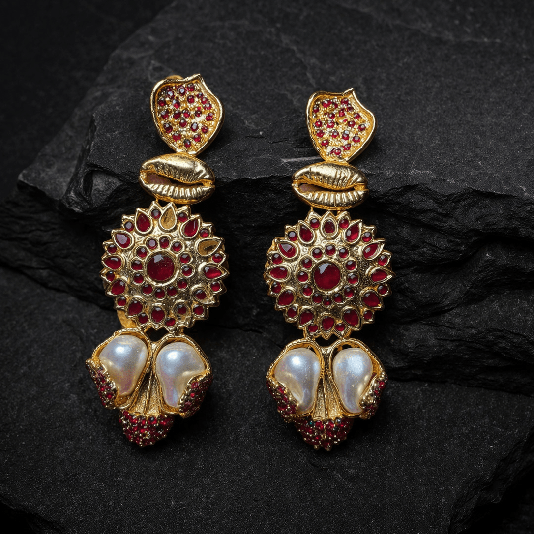 Sahiba Mandala Drop Earrings – 22K Gold Kundan with Pearl Drops - Riwaaj