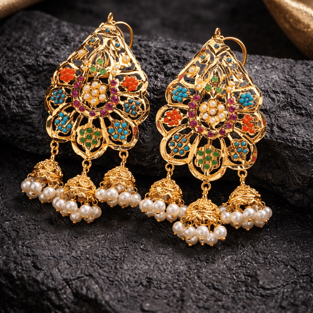 Multi Navratan Jhumka Earrings - Gold Plated with Ruby & Emerald - Riwaaj