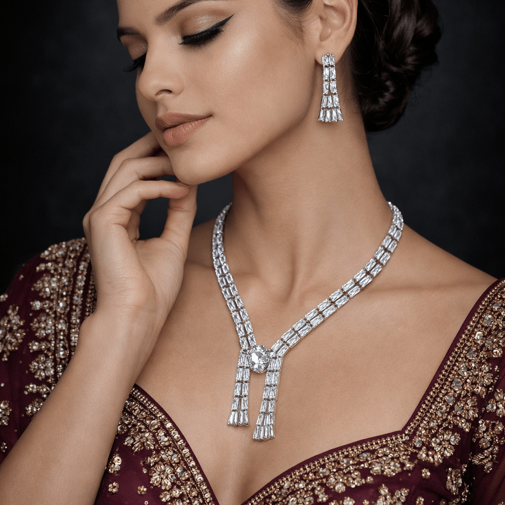 Crystal Baguette Fringe Jewelry Set - Contemporary Gold or Silver Plated - Riwaaj