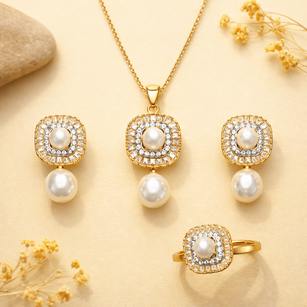 Zirconia Pearl Locket Set - Gold Silver Plated Pendant Earrings Ring - Riwaaj