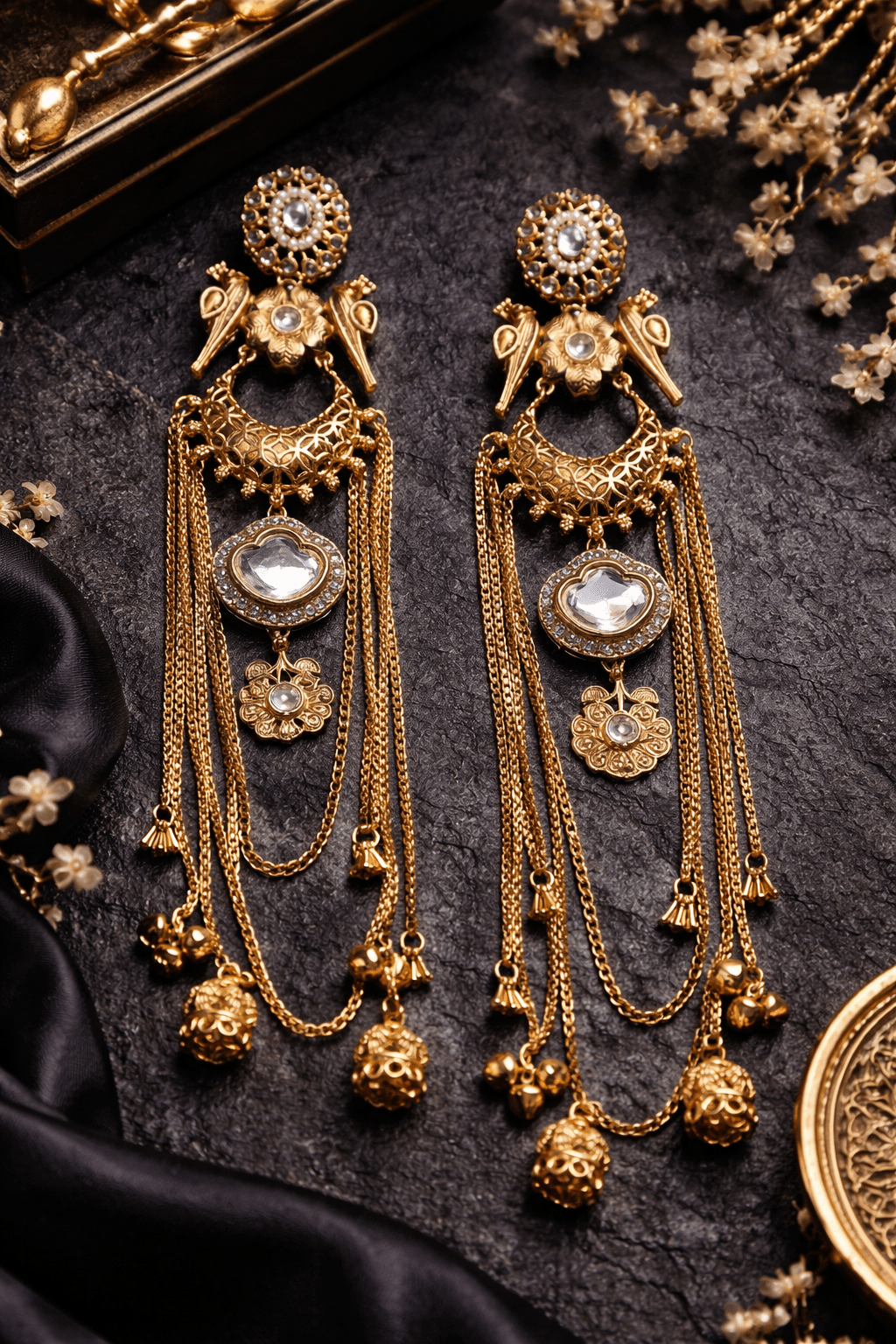 Kashmiri Tassel Earrings – 22K Gold Long Statement Drops with Mirror Stones - Riwaaj