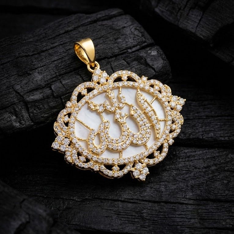Elegant gold - plated Allah pendant with sparkling zircon stones. - Riwaaj