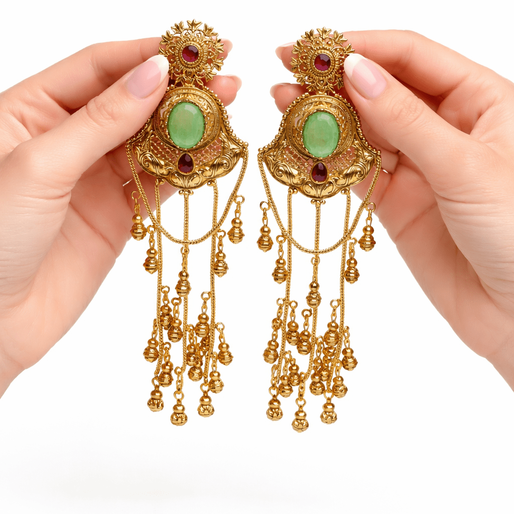 Sabz Kashmiri Long Earrings – 22K Dull Gold Handmade Statement Drops - Riwaaj