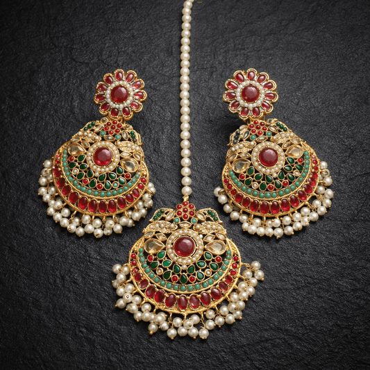 LAVISH NAVRATAN EARRINGS WITH TEEKA - Riwaaj