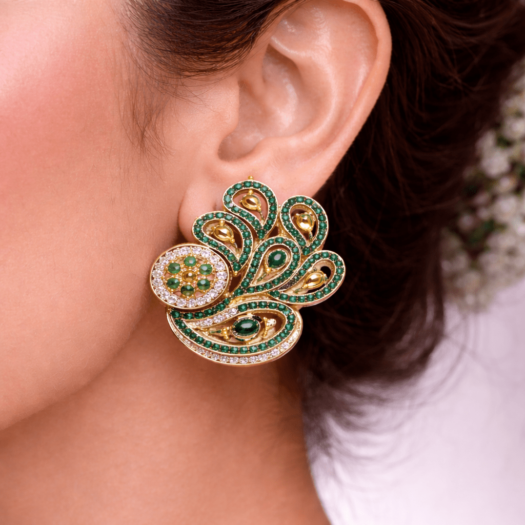 Amber Aura Paisley Earrings – Gold Pavé Statement Studs with CZ Clusters - Riwaaj