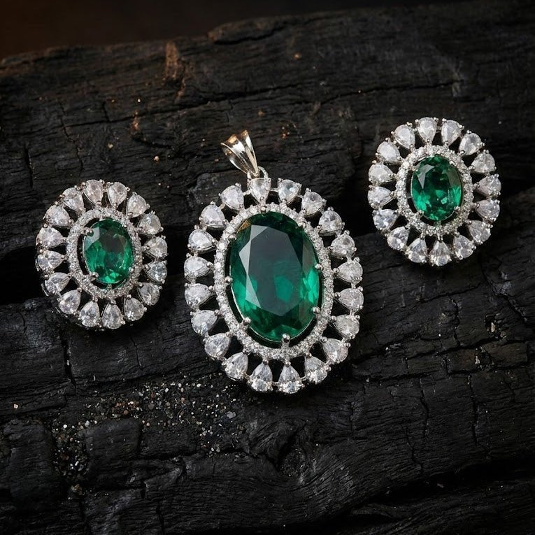 Empress Oval Pendant Set - Rhodium Plated Zirconia Necklace & Earrings - Riwaaj