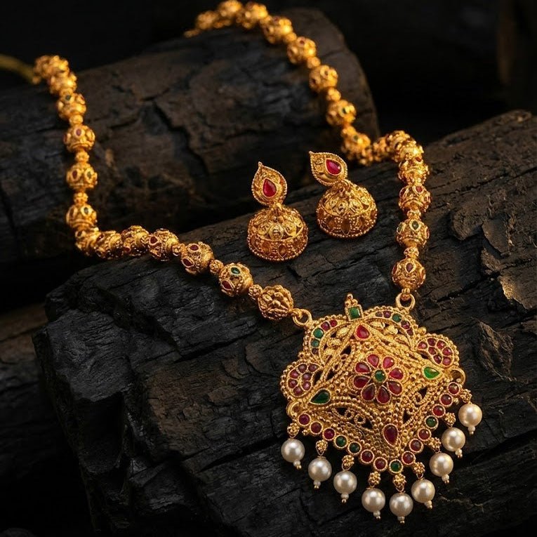 Royal Long Chain Necklace Set with Jhumka Earrings - Filigree Antique Gold - Riwaaj