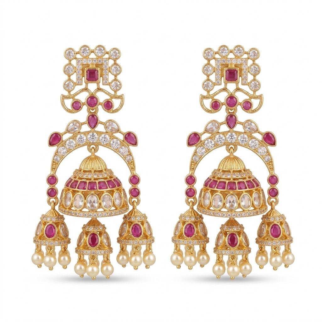 Gul - e - Noor Triple Jhumki Earrings – Gold Floral Ruby & Pearl Drops - Riwaaj