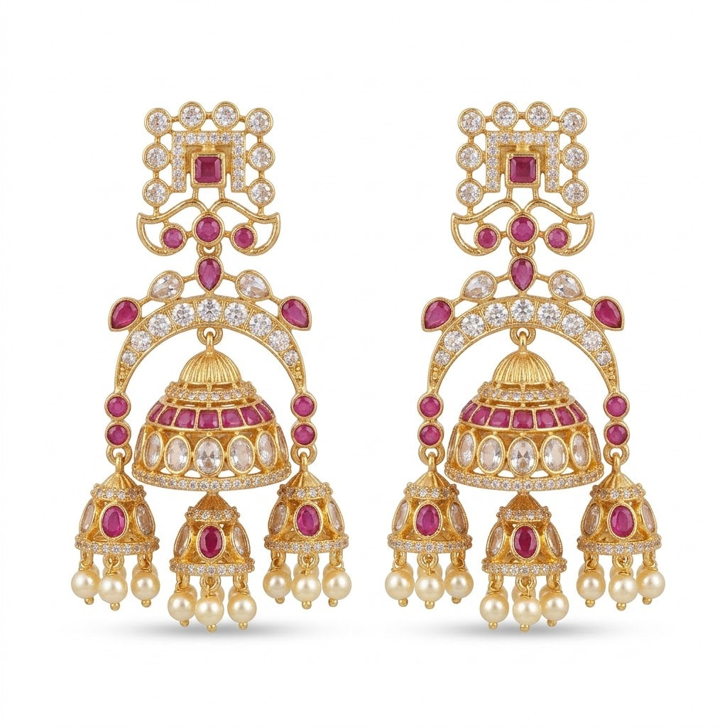 Gul-e-Noor Triple Jhumki Earrings – Gold Floral Ruby & Pearl Drops