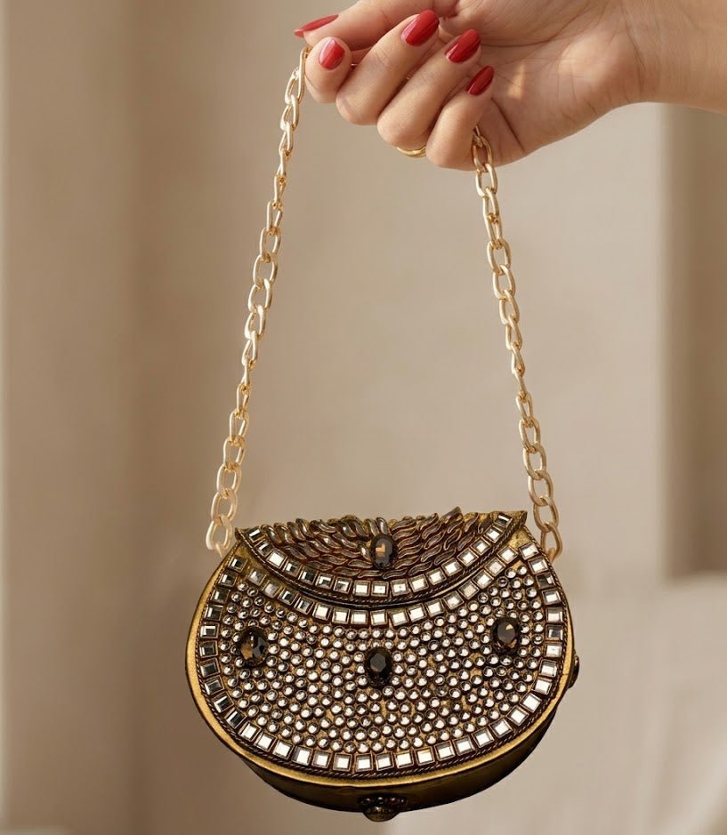 Kundan Gold Blossom Clutch – Bridal Evening Bag with Chain - Riwaaj