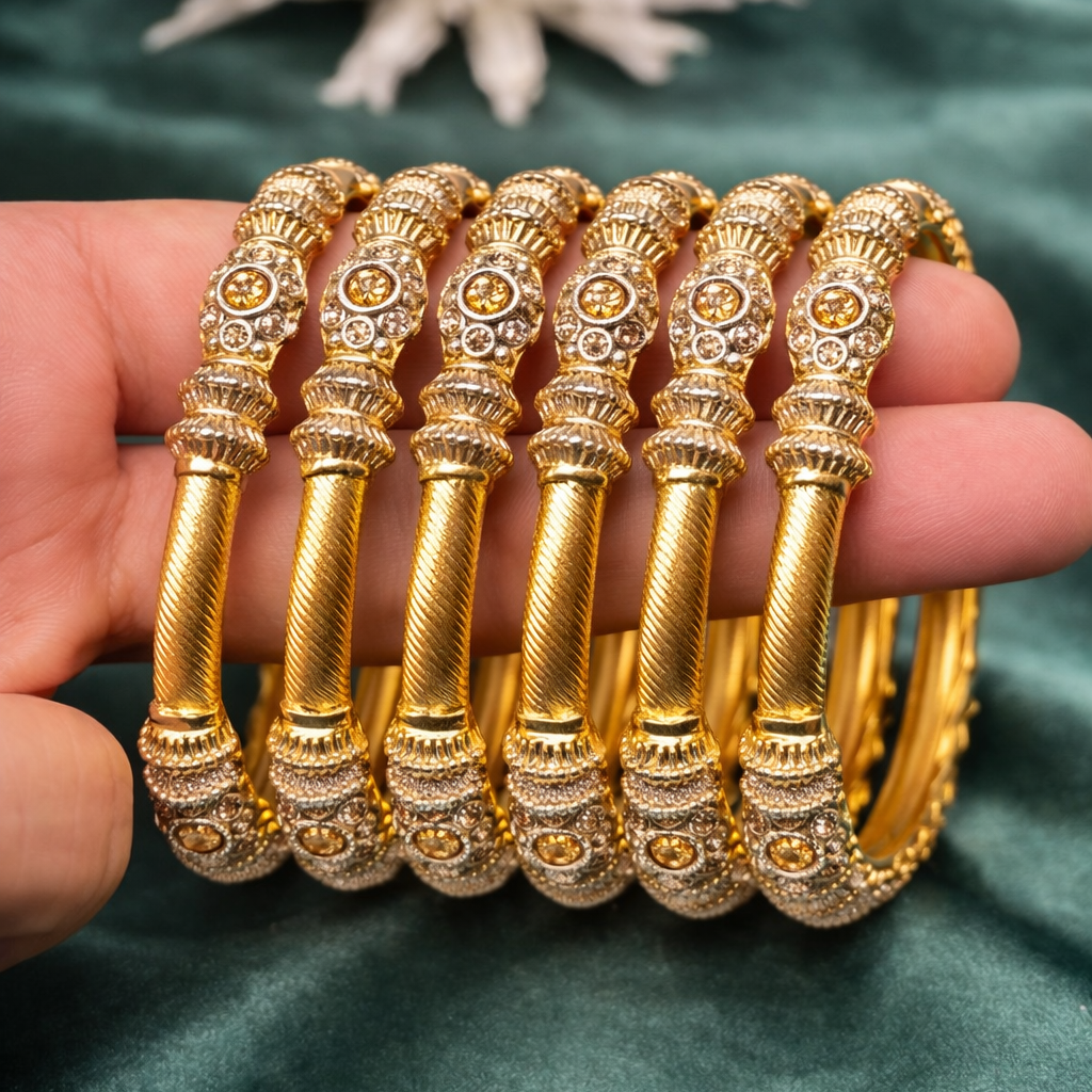 Heritage Pillar Choori Bangle Set – 22K Gold Plated | Set of 6 | Ruby, Green & Champagne |