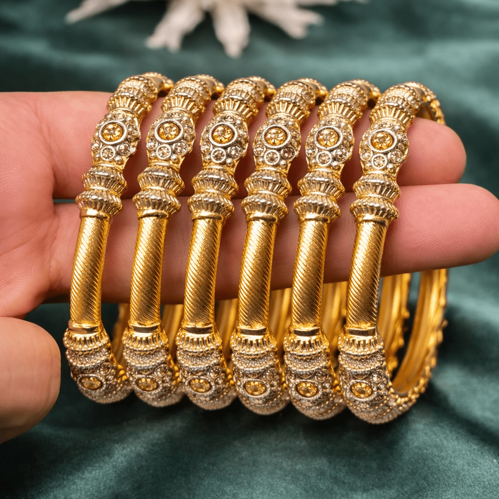 Heritage Pillar Choori Bangle Set – 22K Gold Plated | Set of 6 | Ruby, Green & Champagne | - Riwaaj