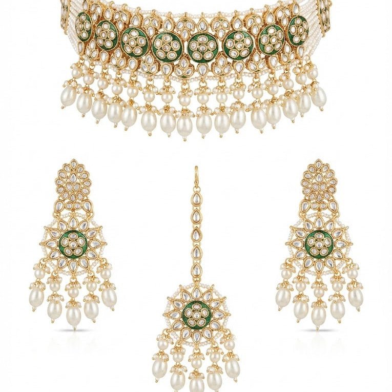 Riwayat Mirror - Work Kundan Jewelry Set - 4 Piece Gold Plated - Riwaaj