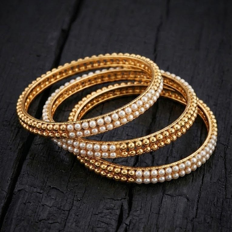 Gold Plated Pearl Bangle Set - 4 Piece with Beaded Design - Riwaaj
