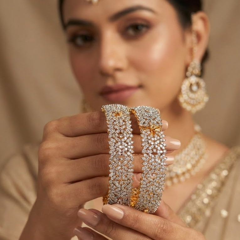 Silver Plated Openable Bangle Set - 2 Piece with Floral Lattice Design