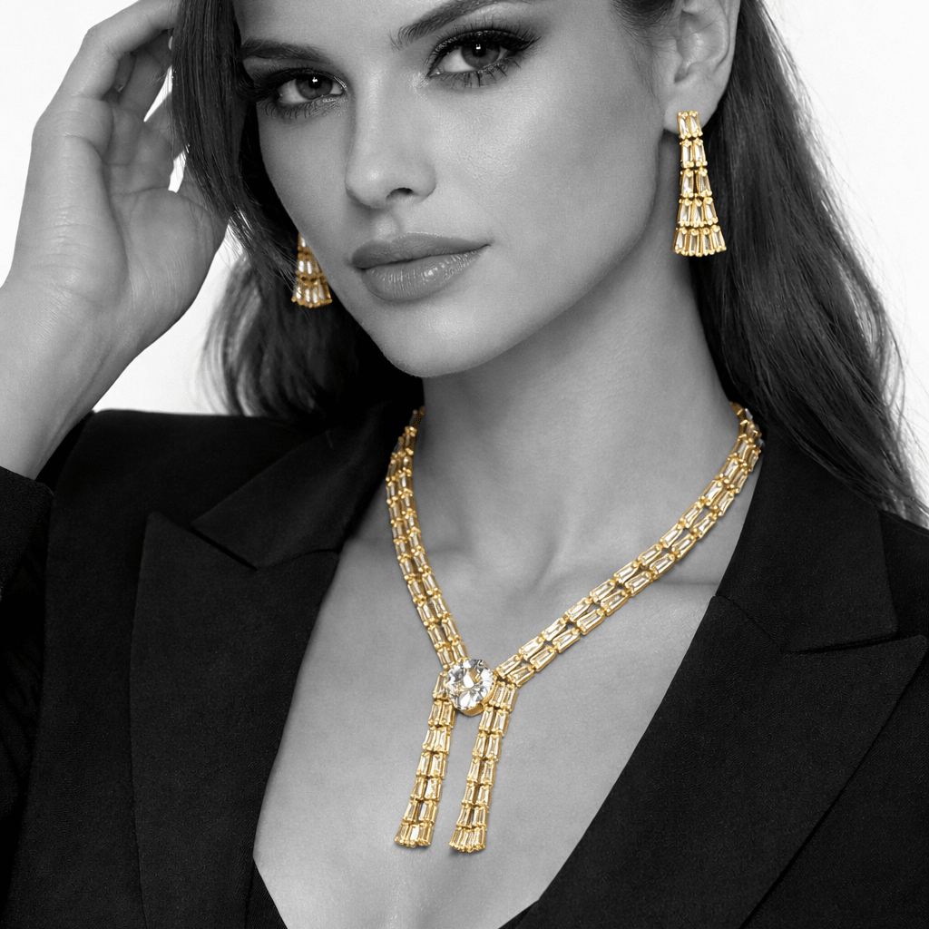 Crystal Baguette Fringe Jewelry Set - Contemporary Gold or Silver Plated - Riwaaj