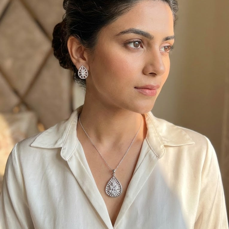 Silver Plated Teardrop Pendant & Earring Set with Zirconia Stones