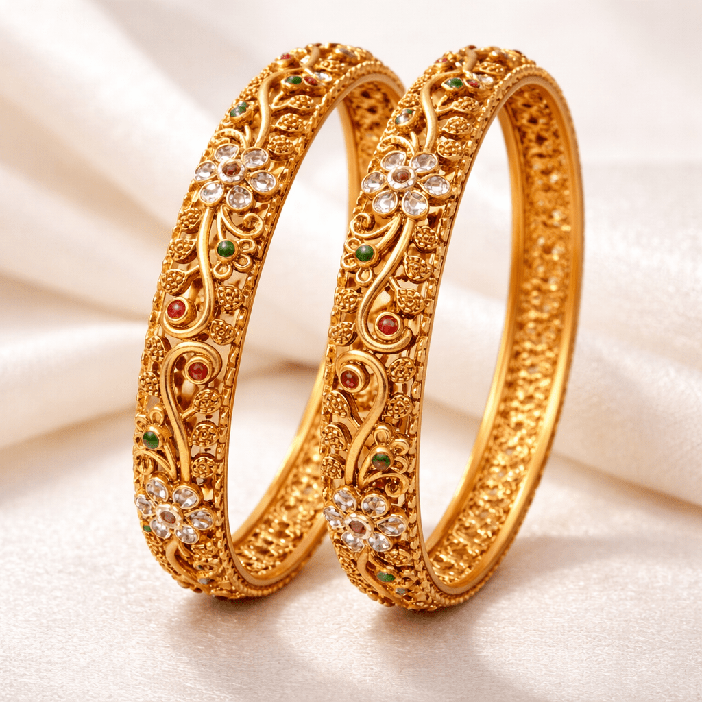 Floral Heritage Bangle Pair – 22K Gold Plated | Handcrafted Stone Carving - Riwaaj