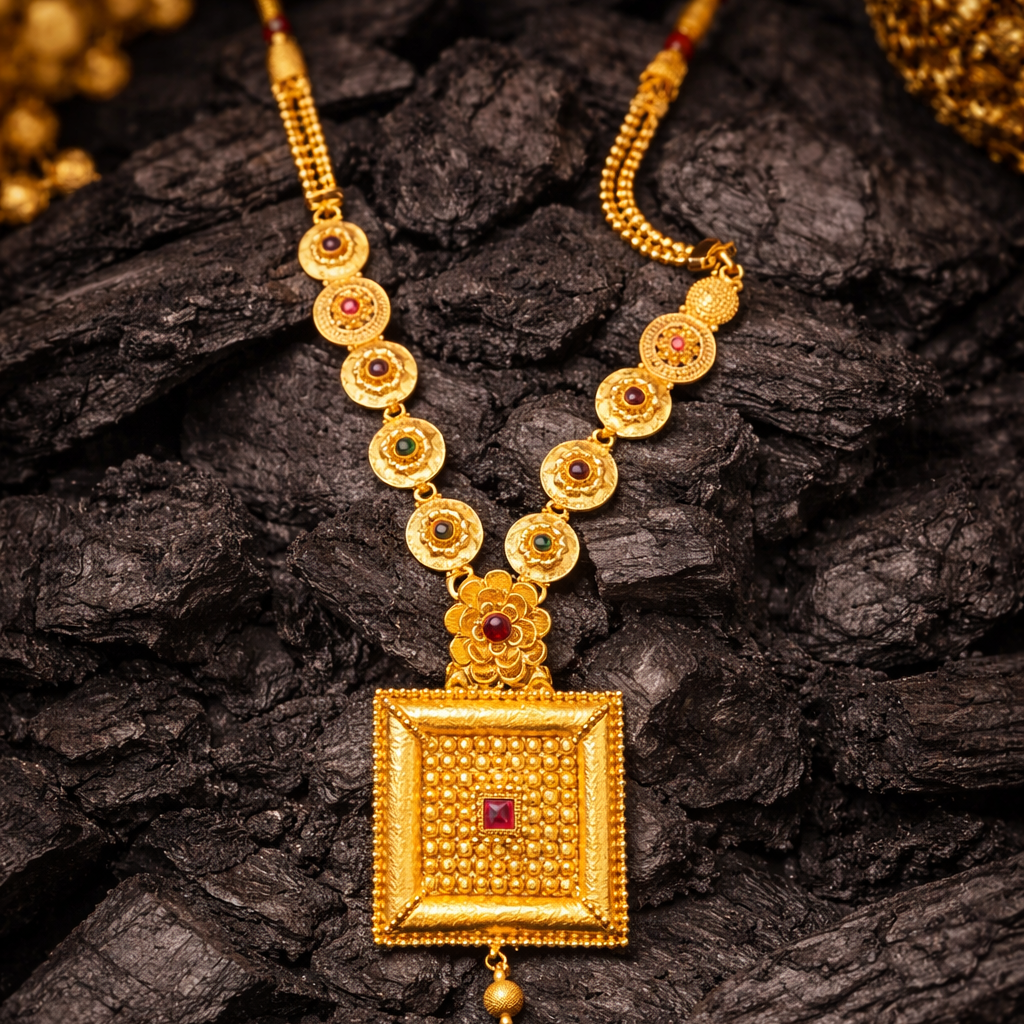 Square Pendant Necklace & Jhumki Earring Set – 22K Gold Plated | Handcrafted Stone |