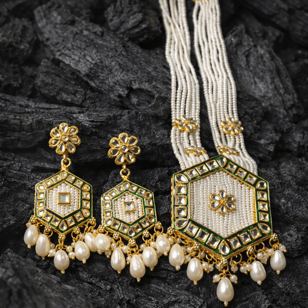 Kundan Hexagon Pearl Maala Necklace & Earring Set – 22K Gold Plated | Meenakari & Pearl Drop | South Asian Bridal Jewellery - Riwaaj