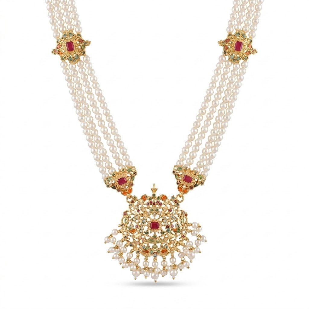Maharani Multi - Strand Pearl & Gem Haar | Indian Necklace - Riwaaj