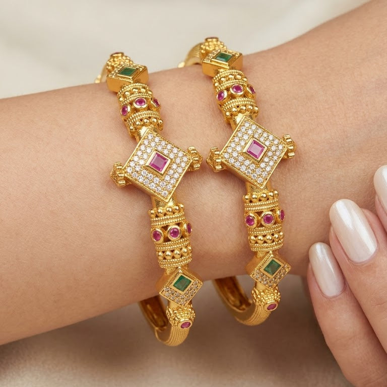 Geometric Motif Bangle Pair – 22K Gold Plated | Ruby & Emerald Stone