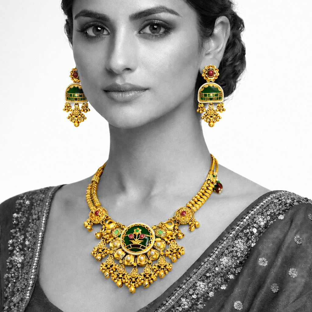 Divine Elephant Heritage Jewelry Set - Meenakari Antique Gold Plated - Riwaaj