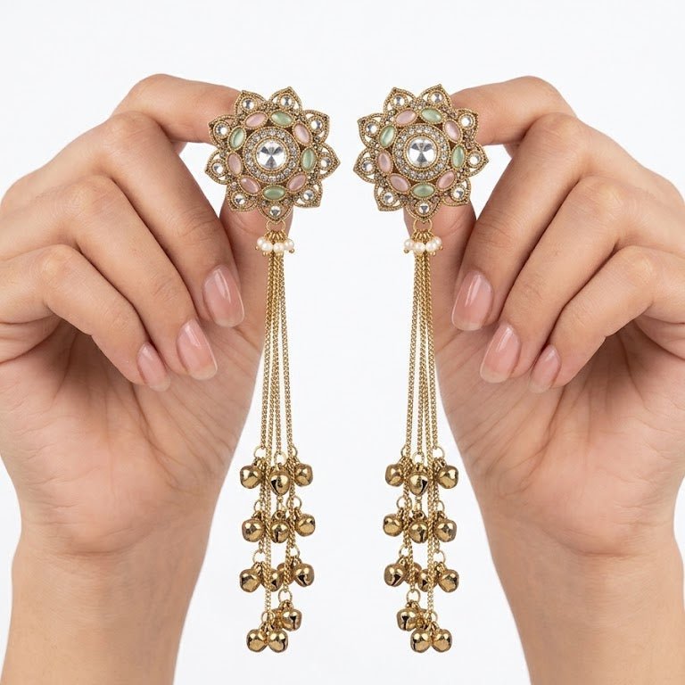 Rang Kashmiri Long Earrings – 22K Antique Gold Handmade Statement Drops - Riwaaj