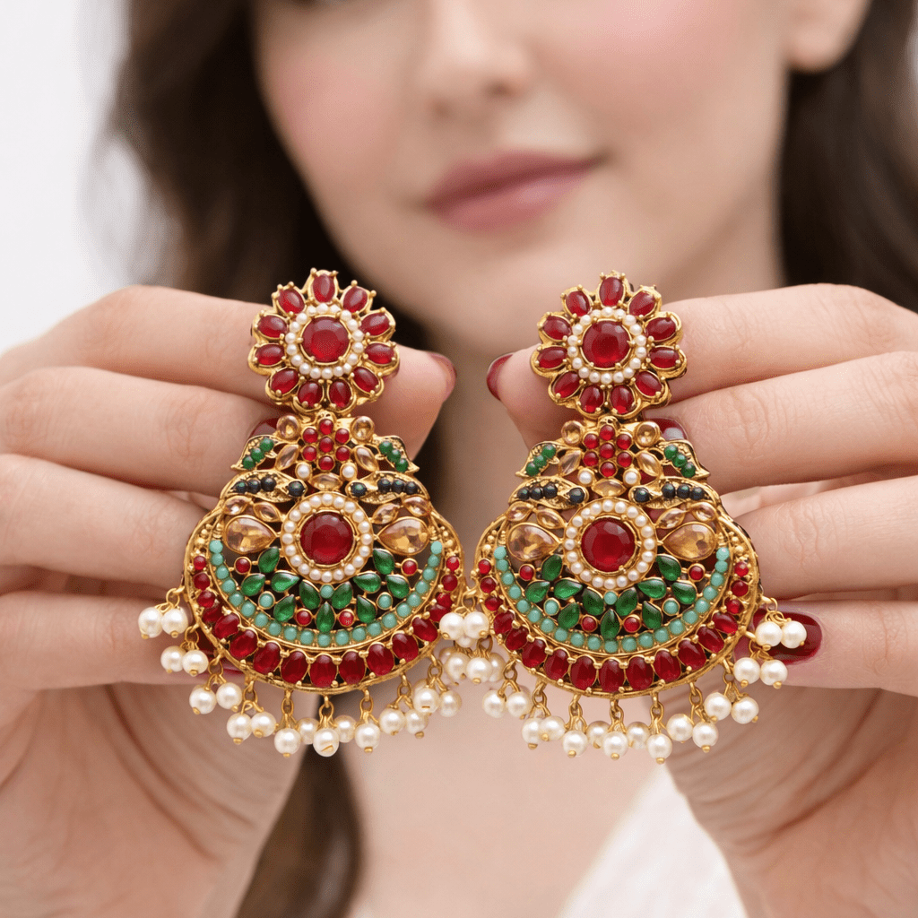 Lavish Nauratan Earrings - Premium 9 - Stone Statement Jewelry - Riwaaj