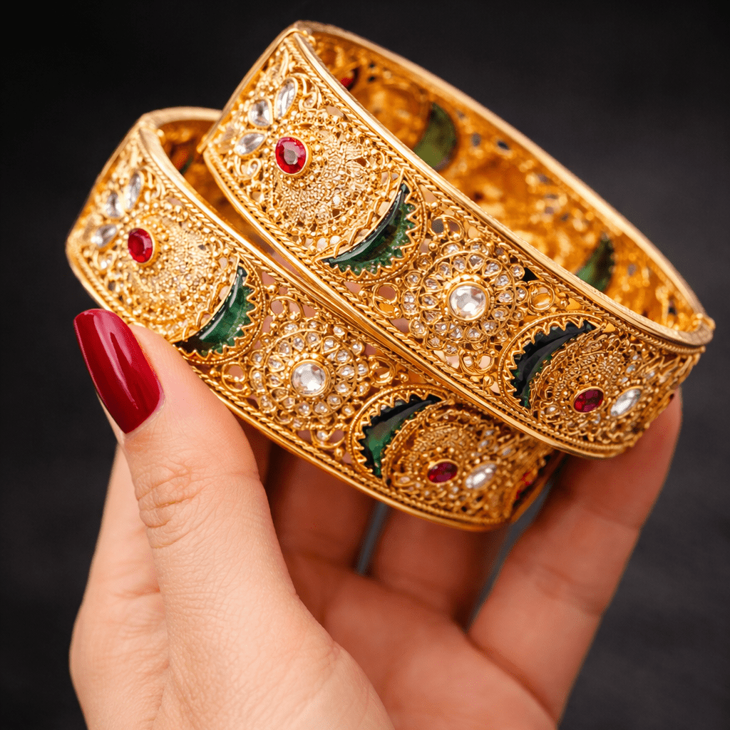 Mughal Filigree Openable Kara Pair – Gold Plated | Rosette & Stone - Riwaaj