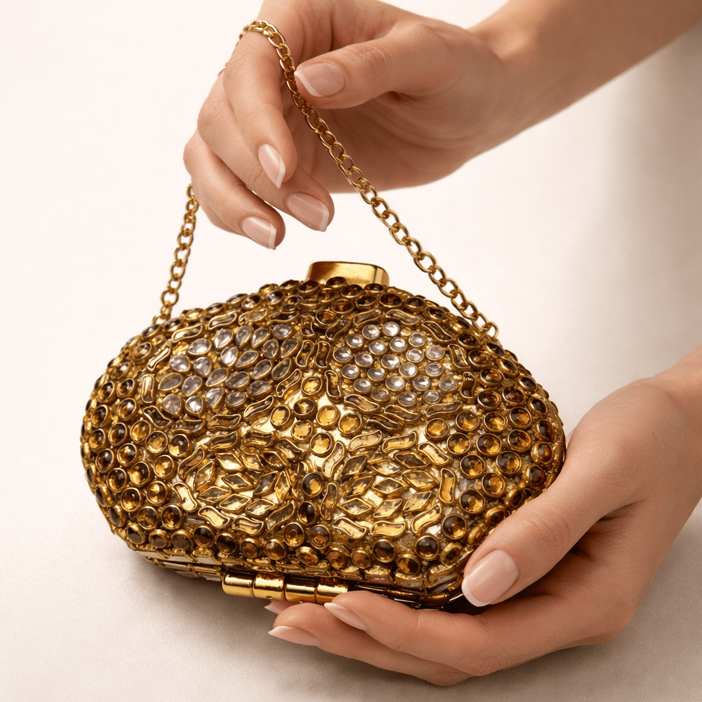 Kundan Crystal Clutch – Bridal Evening Bag with Chain - Riwaaj