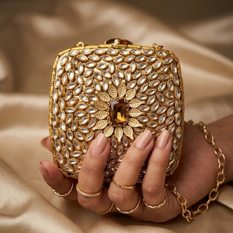 Kundan Bug Box Clutch – Antique Handcrafted Evening Bag - Riwaaj
