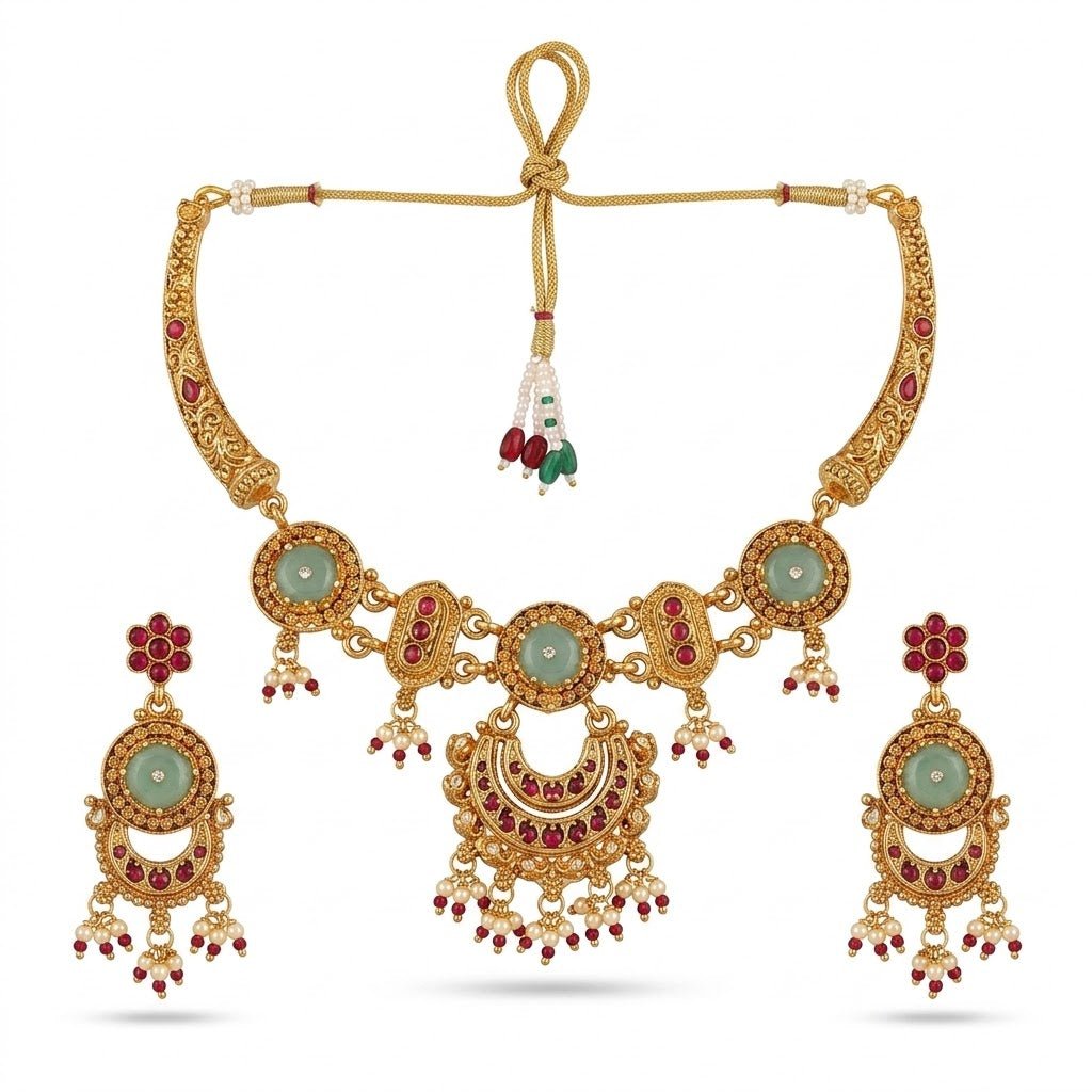 The Rajkumari Heritage Chandbali & Jade - Stone Jewelry Set - Riwaaj