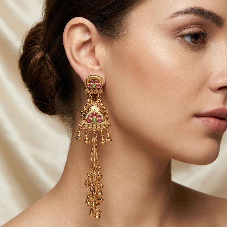 Noor Kashmiri Long Earrings – 22K Dull Gold Handmade Statement Drops - Riwaaj