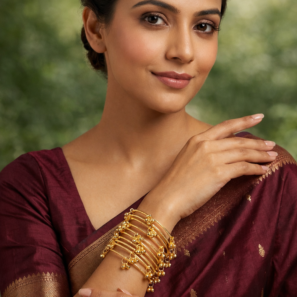 Kashmiri Ghungroo Charm Bangle Set – 22K Gold Plated | Set of 8 |
