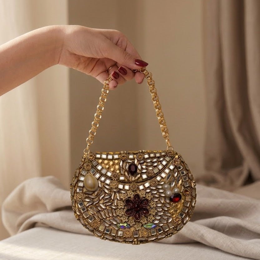 Luxira Kundan Clutch – Bridal Evening Bag with Chain - Riwaaj