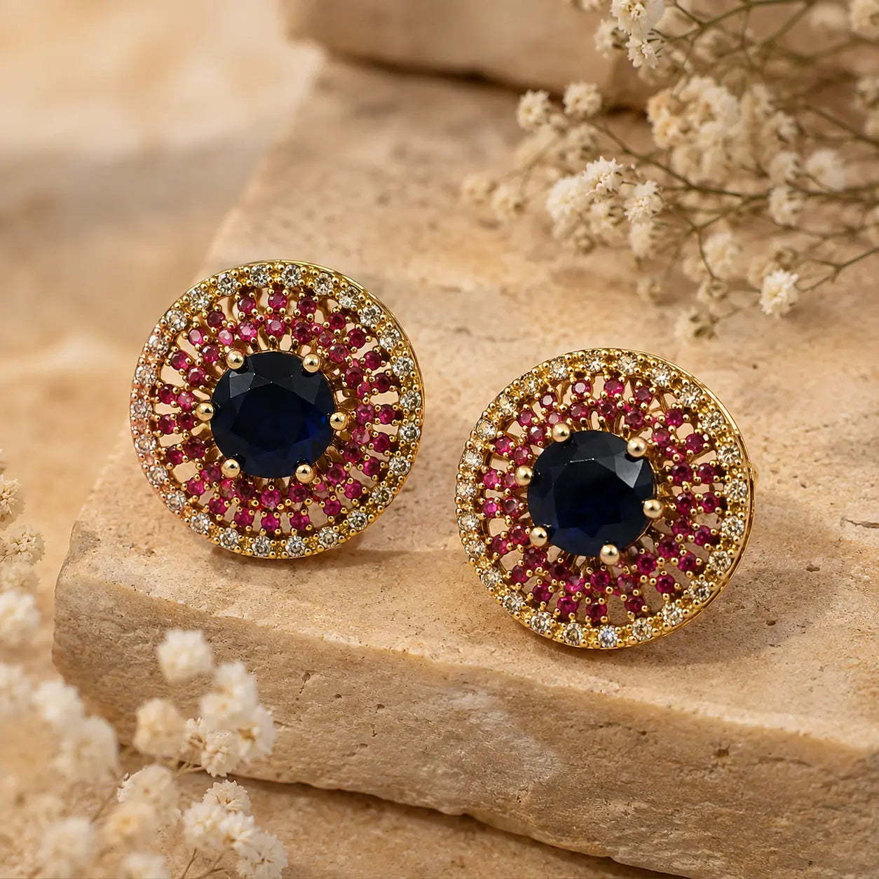 Blue Zarmina ruby halo gold plated crystal statement stud earrings