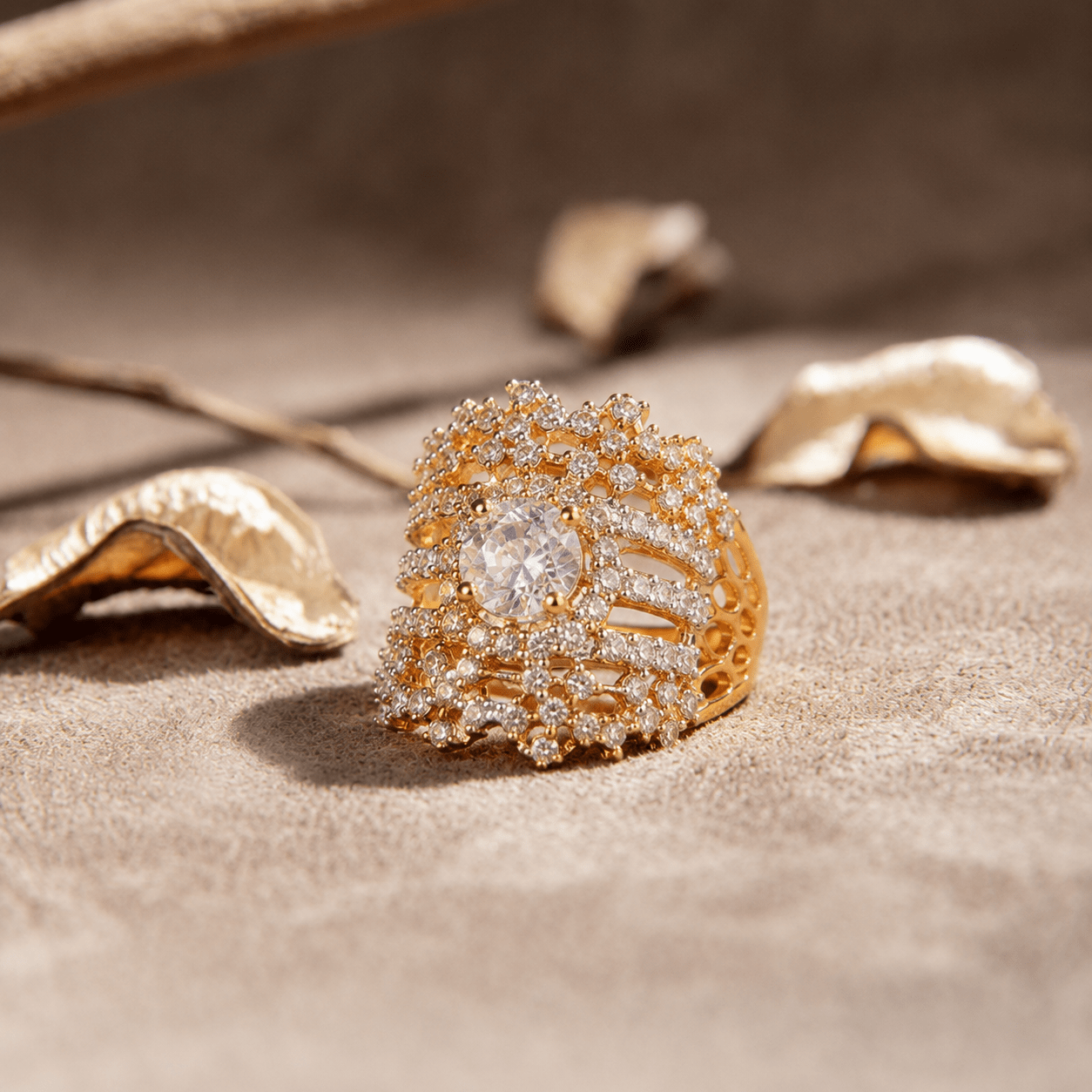 Handcrafted 22k Gold Statement Glacier Frost Ring - Riwaaj