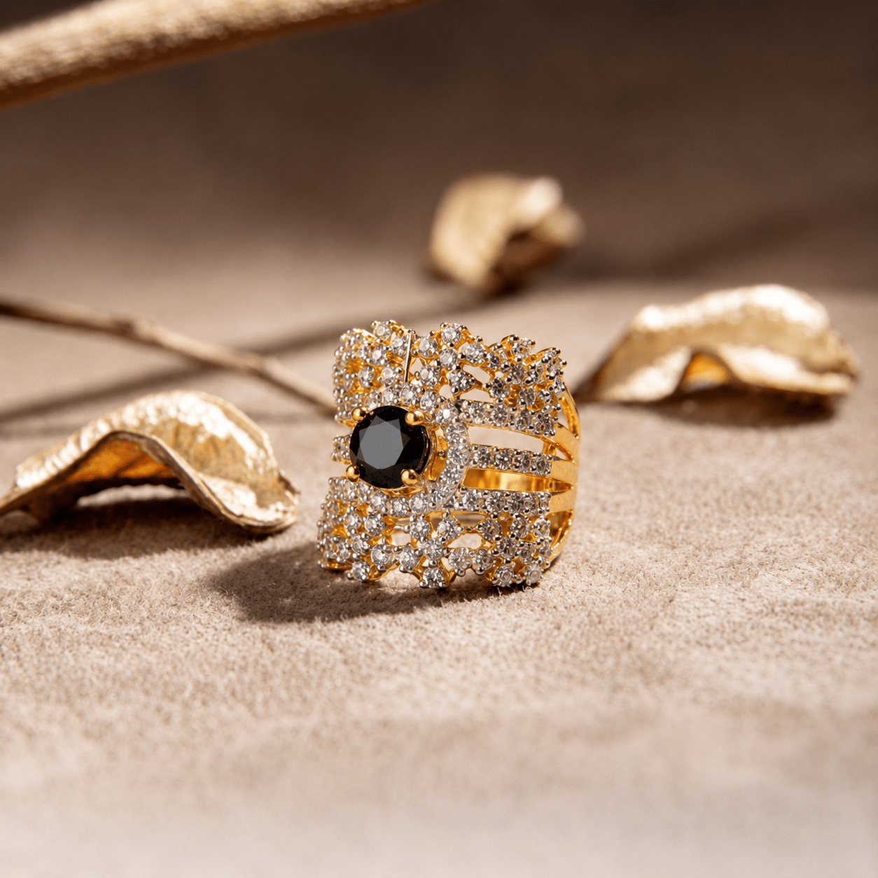 Handcrafted 22k Gold Statement Midnight Lattice Ring - Riwaaj
