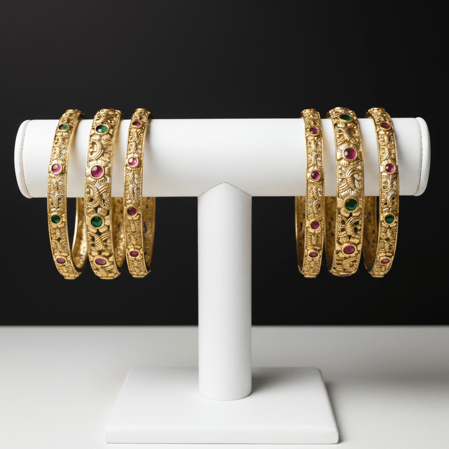 Heer Mani Ruby Bangles - Six Pieces 22K Gold Plated Stackable Bracelets Set - Riwaaj